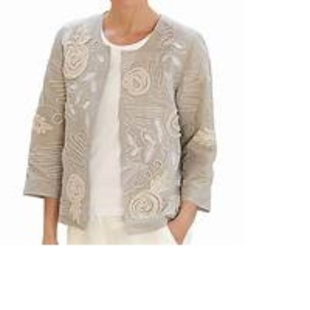 TravelSmith Applique Embroidery Trapunto Open Front LinenCotton Lined Jacket New - Picture 1 of 14